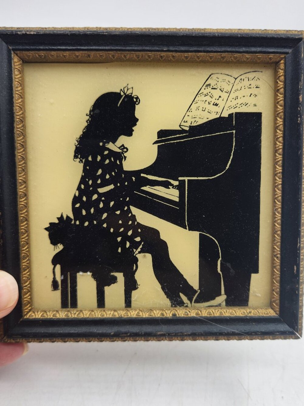 VTG Reversed Painted Silhouette The Music Lesson Framed Art 4.75" Square